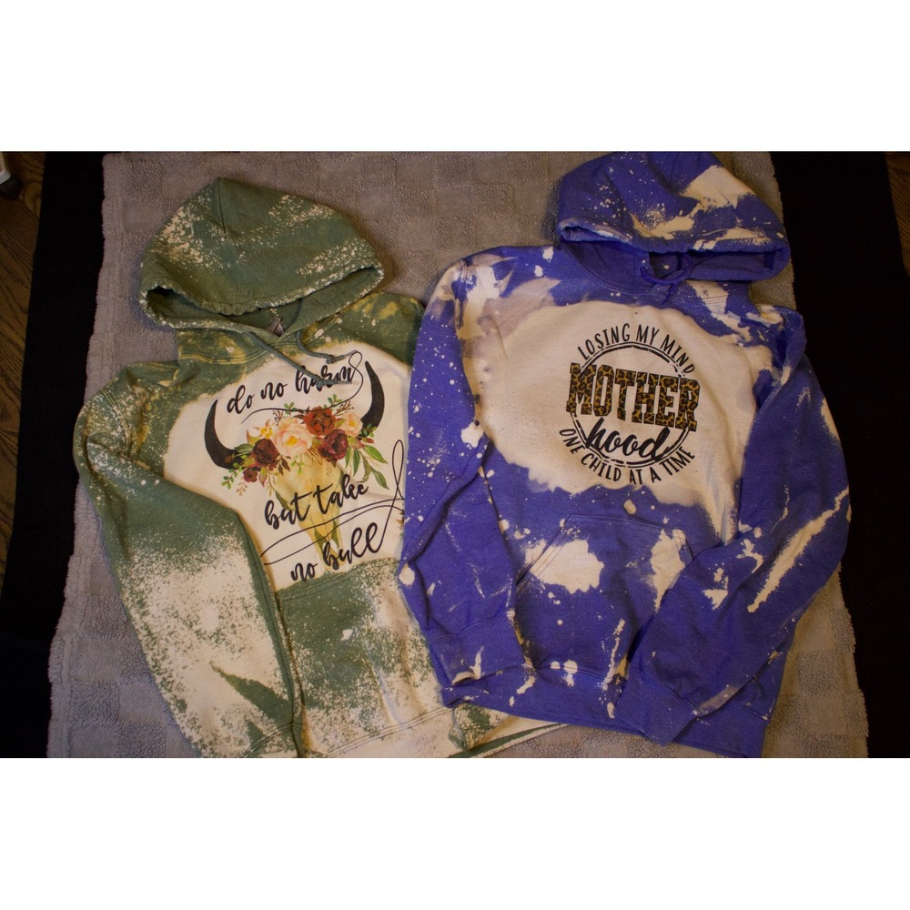 Custom Bleached Graphic Hoodie Lot Motherhood & Western Bull Skull Green Purple - Picture 2 of 7